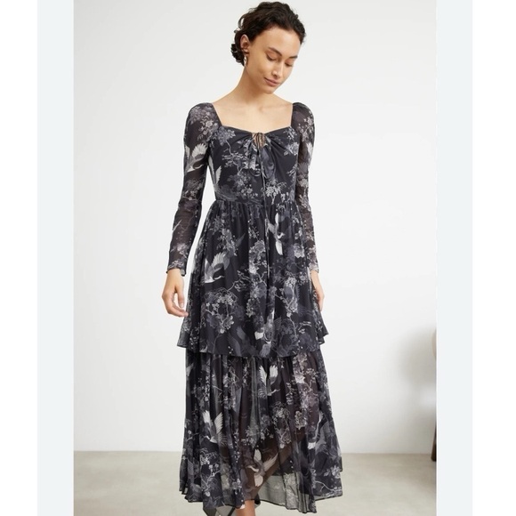NEW All Saints Women’s Devyn Peggy Floral Print Long Sleeve Maxi Dress Black 0